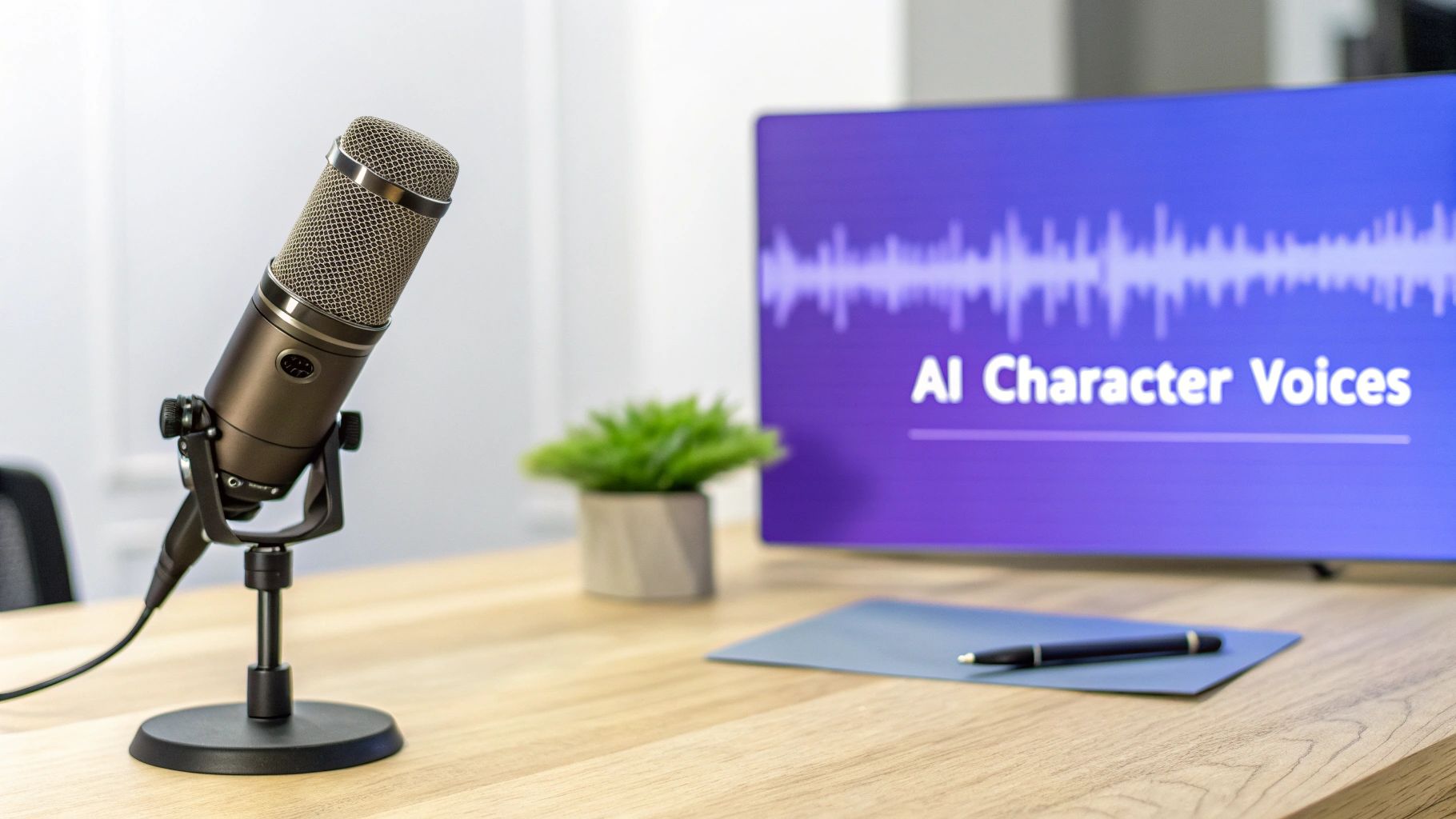 A person speaking into a vintage microphone, with sound waves emanating, representing voice creation.