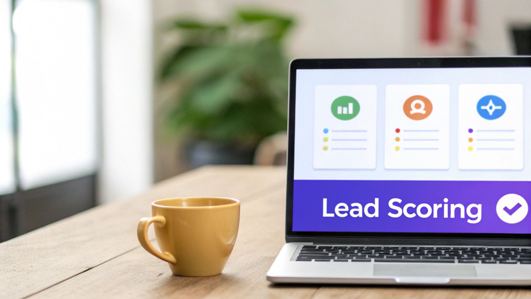 Laptop screen showing a 'Lead Scoring' application with data icons and a coffee mug.
