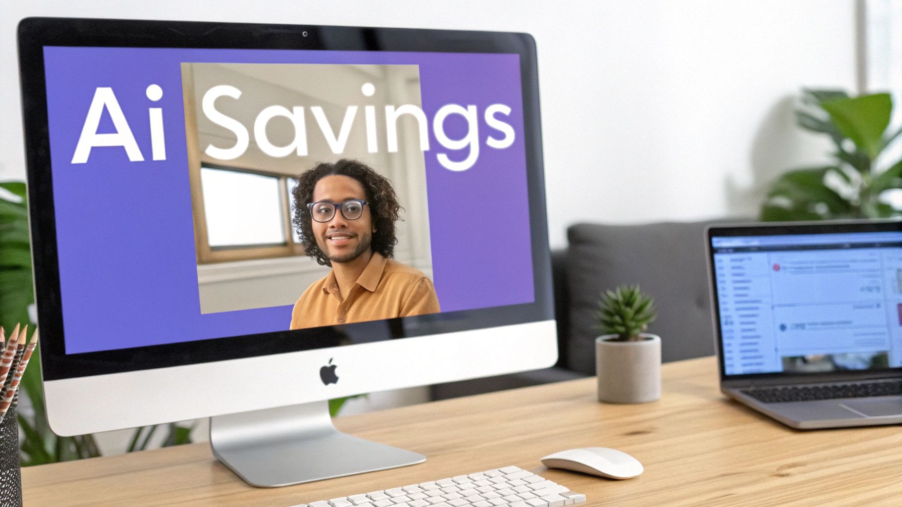 A man with glasses smiling on a computer screen displaying 'Ai Savings' in a modern digital workspace.