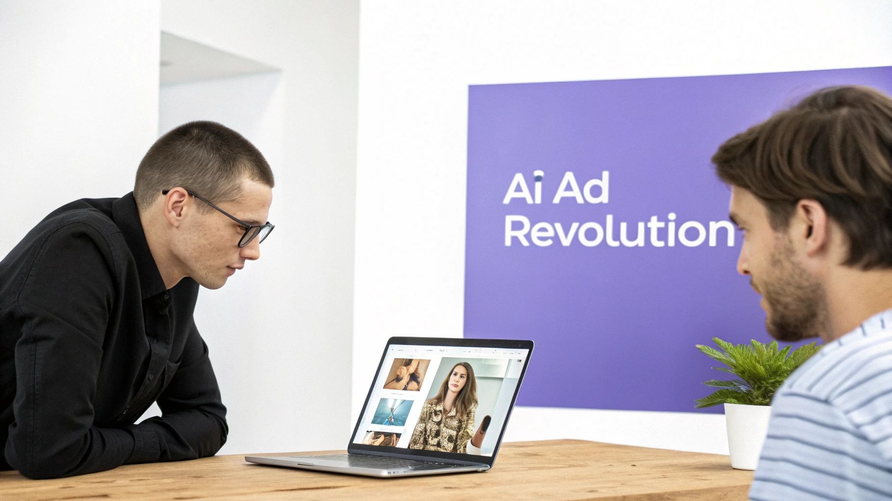 Two men intently looking at a laptop displaying creative images, with an 'AI Ad Revolution' sign.