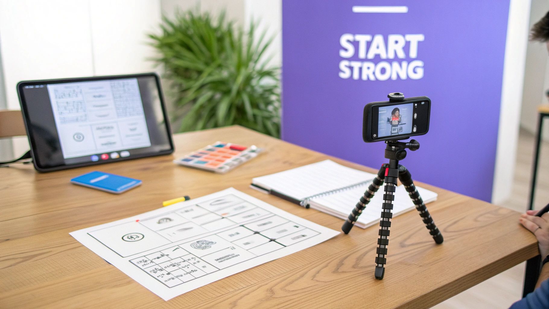 A desk setup for content creation with a tablet, smartphone on a tripod, notes, and creative tools, against a 'START STRONG' banner.
