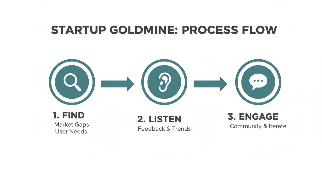 Startup Goldmine process flow diagram outlining three steps: Find market gaps, Listen to feedback, and Engage community.