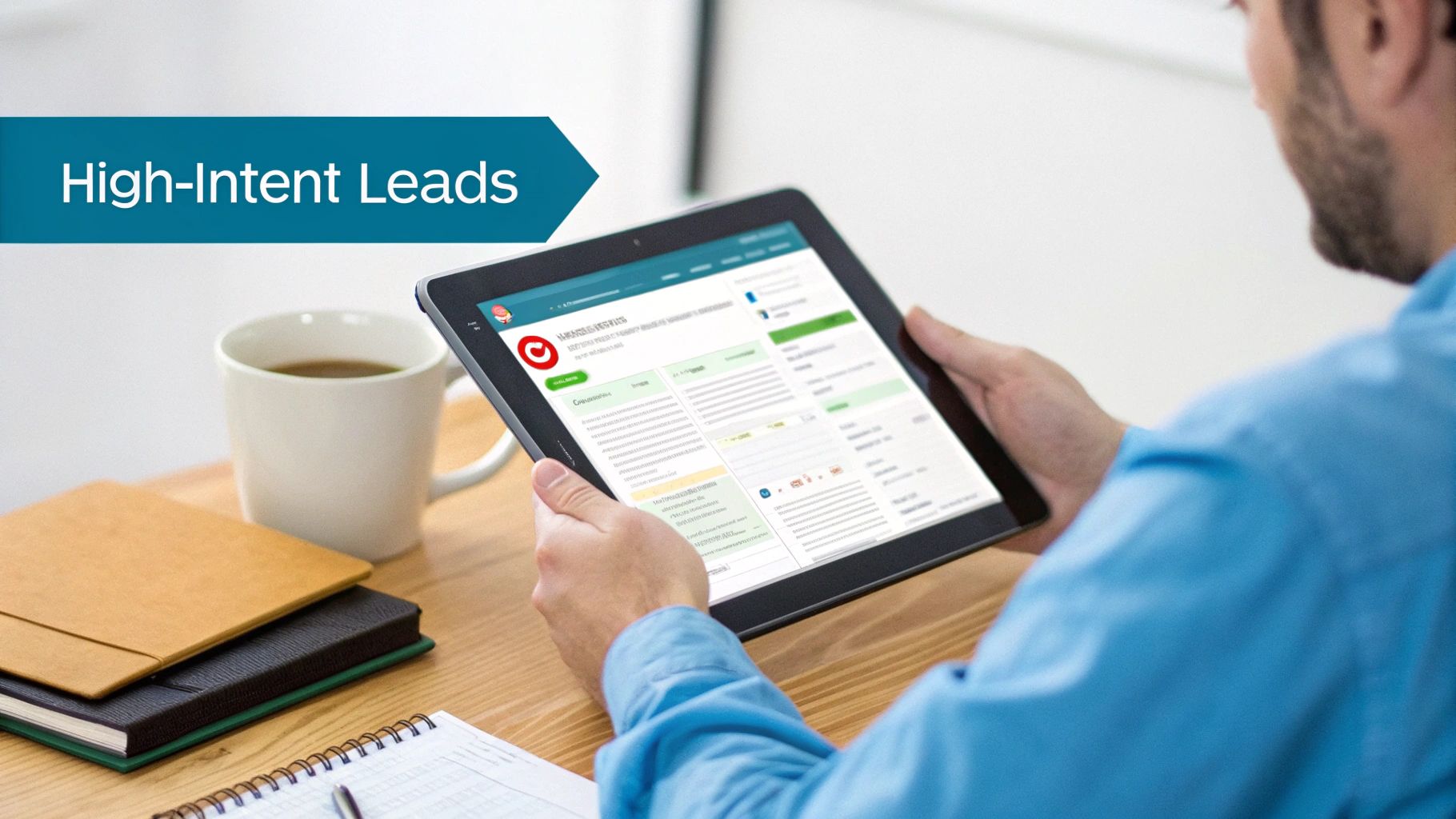 Man holding a tablet displaying 'High-Intent Leads' data, with coffee and notebooks on a desk.
