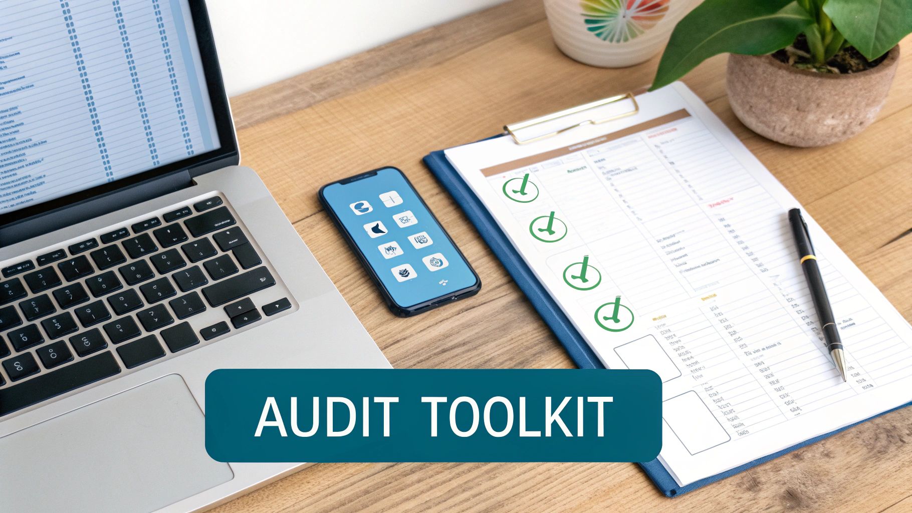 Desk with laptop, smartphone, and clipboard showing a checklist, with 'AUDIT TOOLKIT' overlay.
