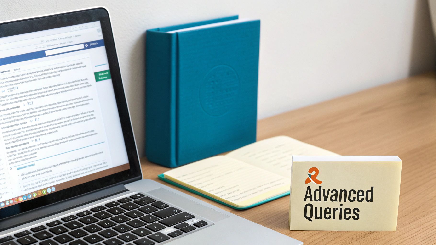Laptop, blue book, and 'Advanced Queries' block on a wooden desk in a study setup.