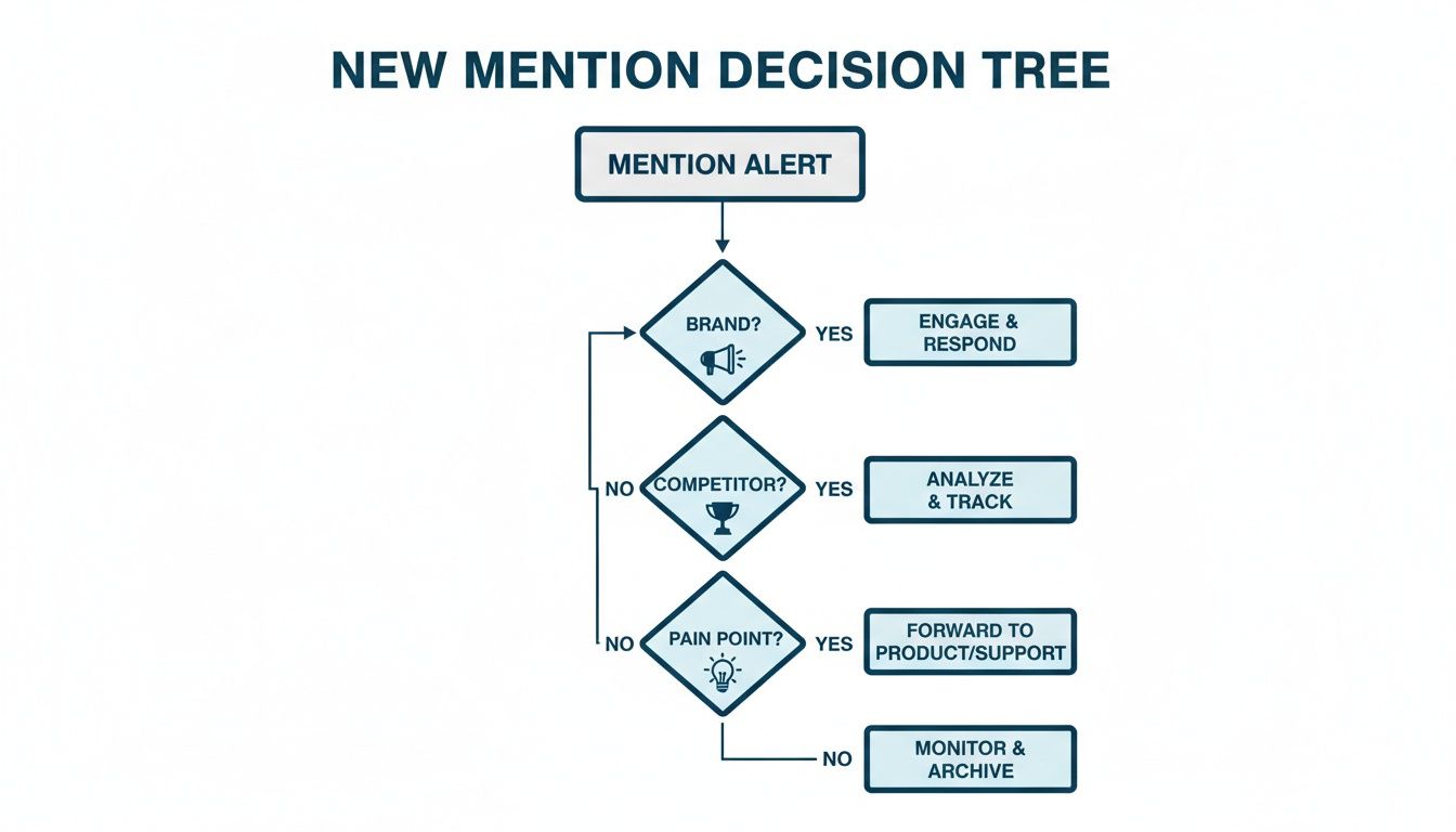 Flowchart detailing the decision process for new mentions, from alert to various actions.