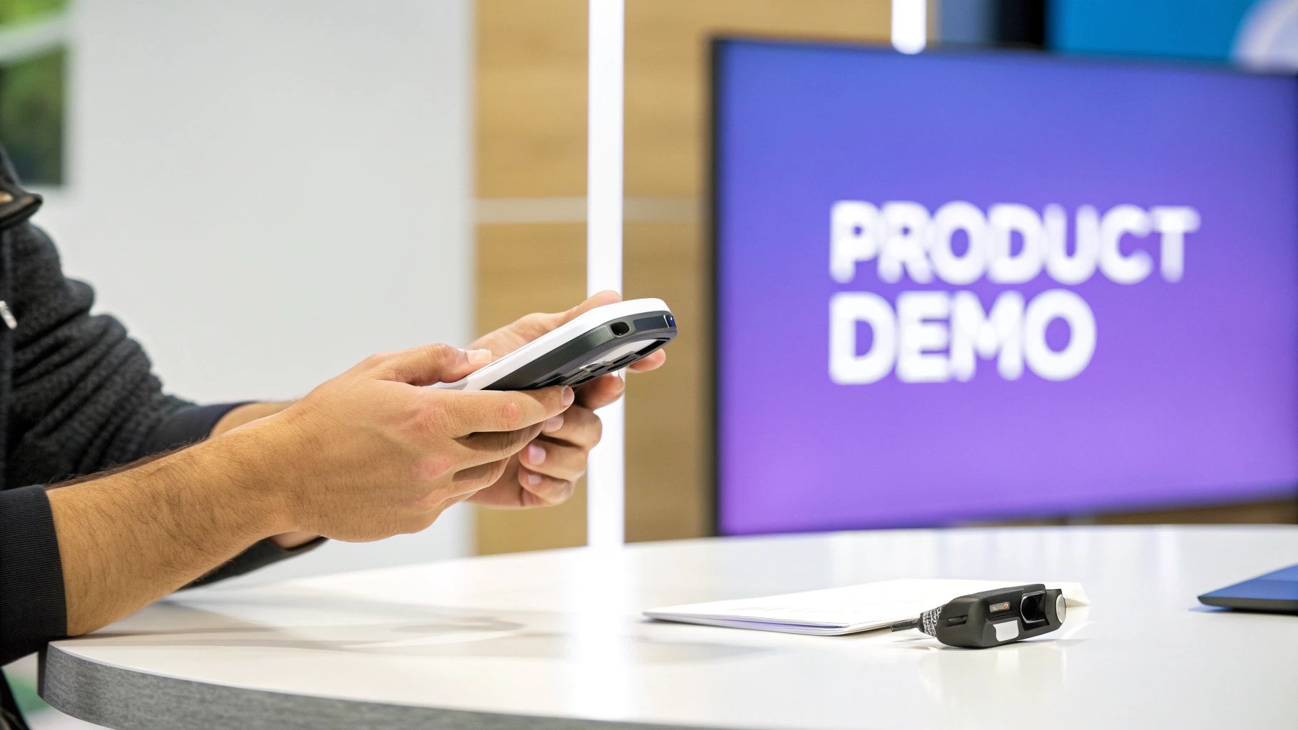 A person holds a white handheld device, demonstrating it during a product demo with a purple screen.