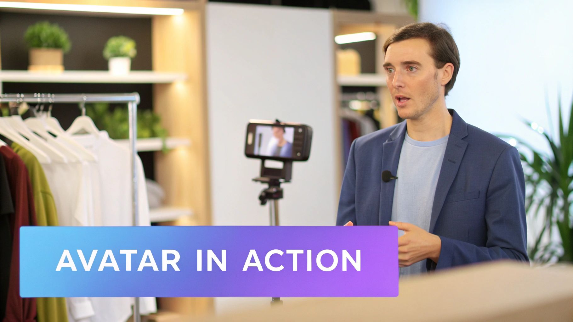 Man in a blue blazer recording a video with a smartphone, showing 'AVATAR IN ACTION' text overlay.