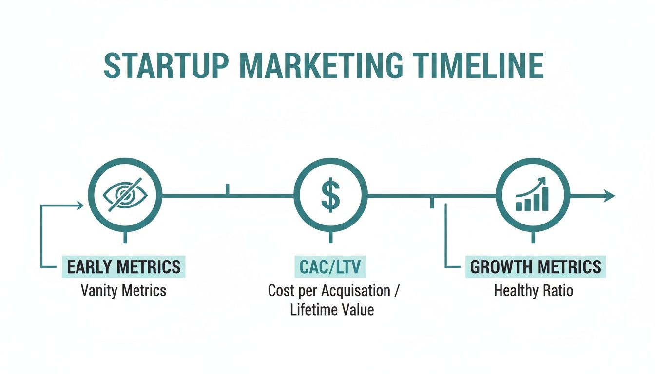 A startup marketing timeline illustrating three key stages: Early Metrics, CAC/LTV, and Growth Metrics.