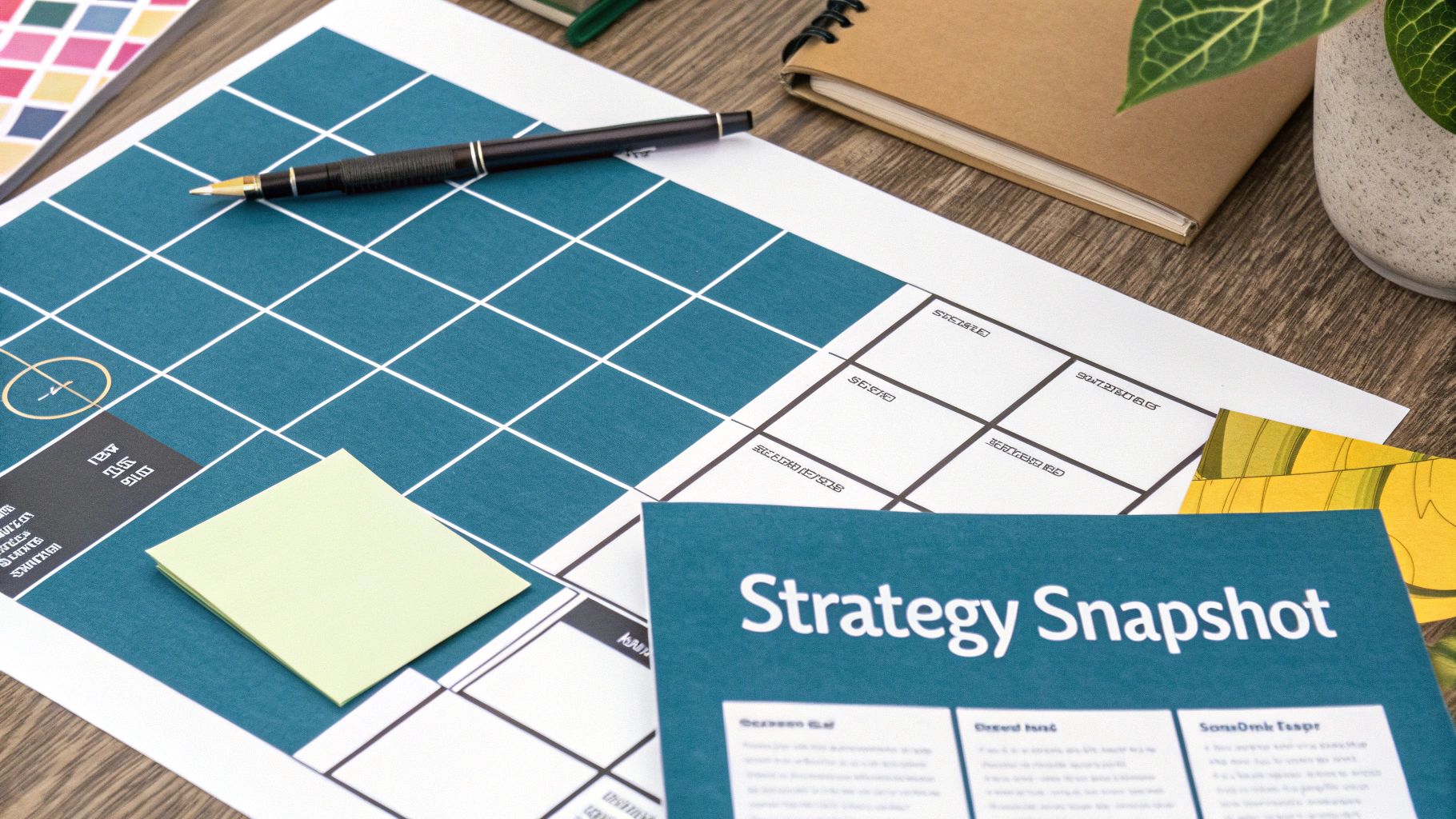 Overhead shot of a desk with a 'Strategy Snapshot' document, grid paper, pen, and notebook.