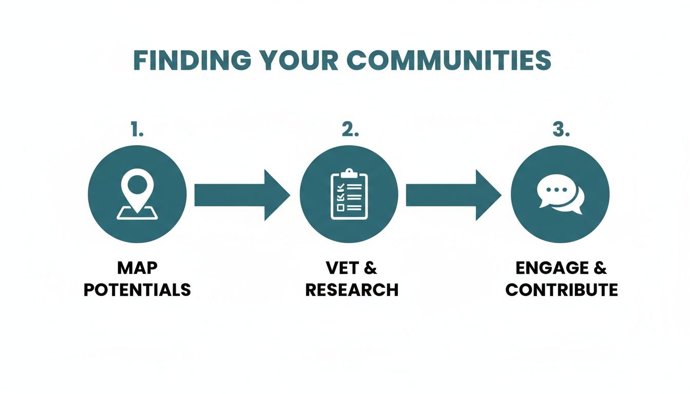 A three-step process infographic for finding communities: Map Potentials, Vet & Research, Engage & Contribute.