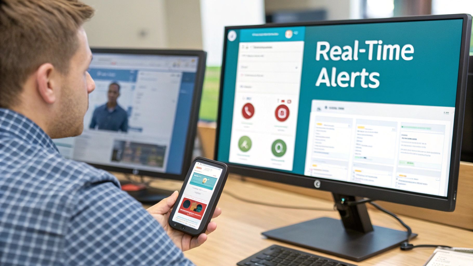 Man monitoring real-time alerts and social media content across multiple screens and a smartphone.