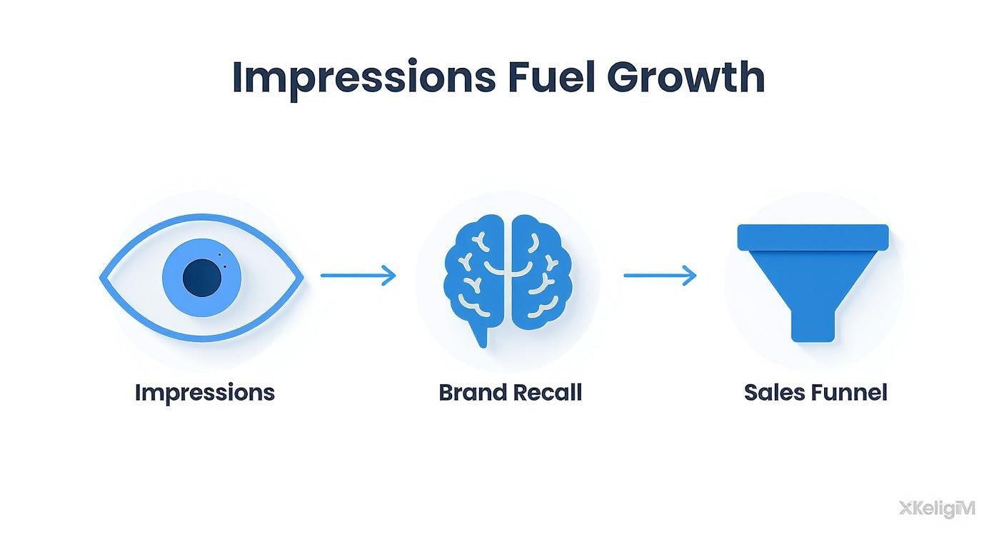 Diagram illustrating how impressions drive brand recall, leading to growth through a sales funnel.