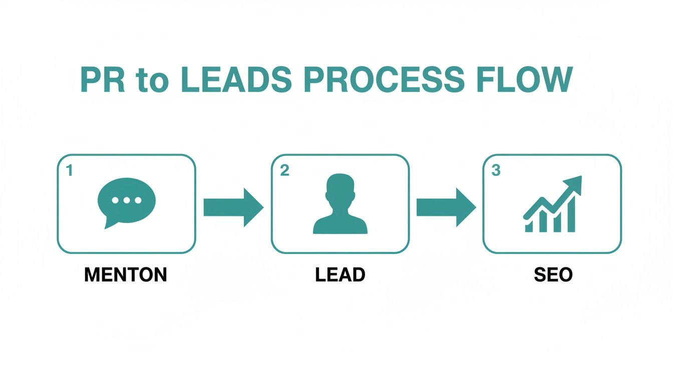 A detailed flow chart illustrating the PR to Leads process, showing steps: Menton, Lead, and SEO.