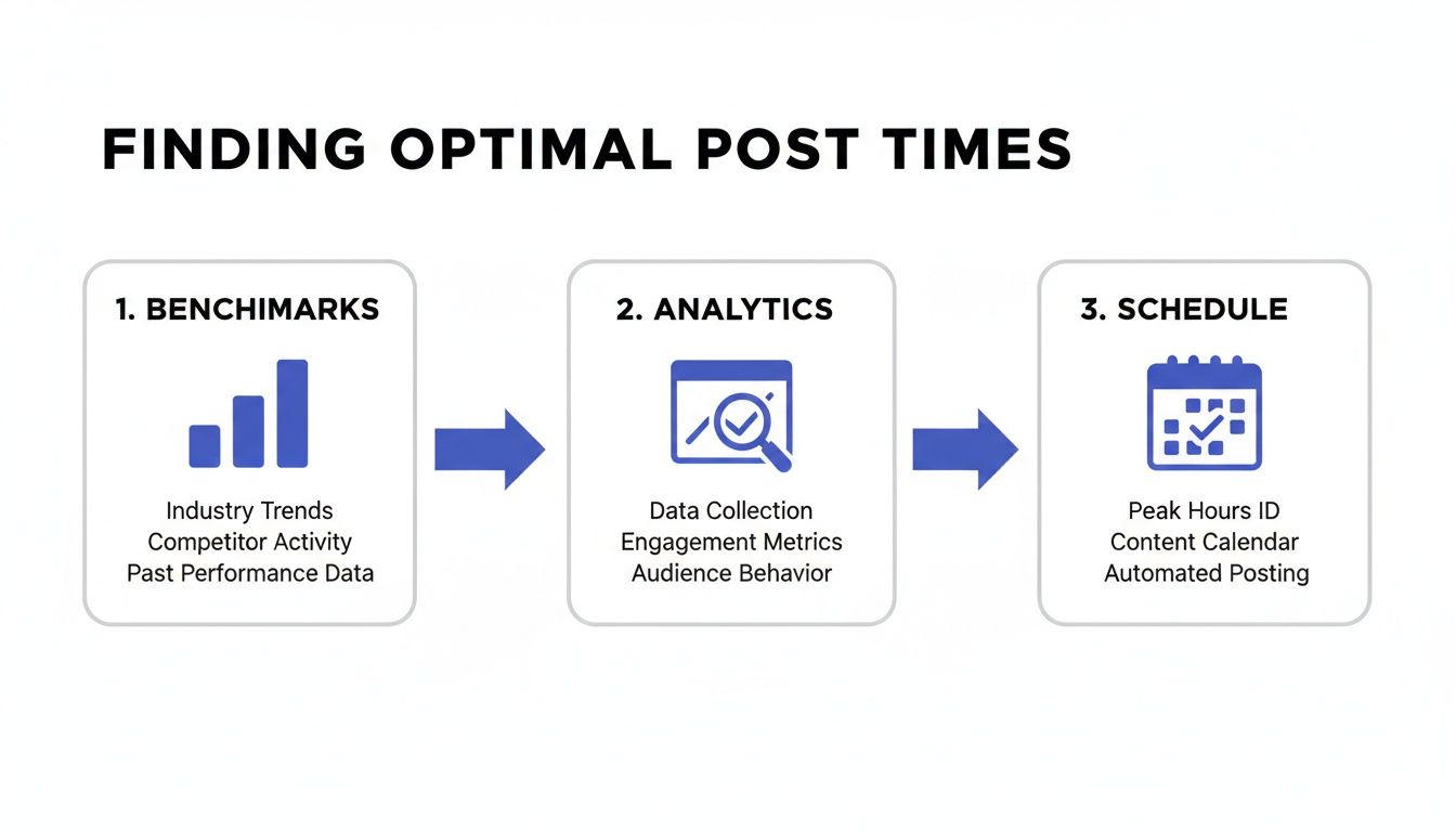 A flowchart detailing three steps: Benchmarks, Analytics, and Schedule, for finding optimal social media post times.