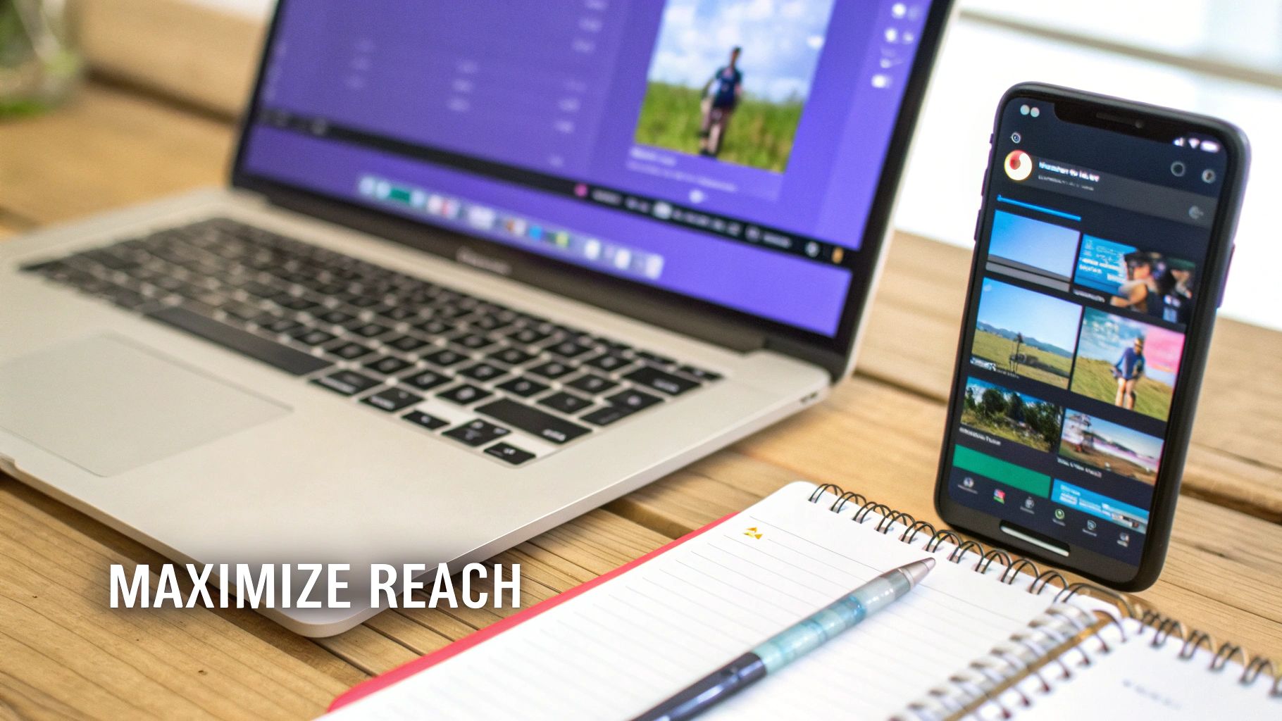 A laptop and a smartphone on a wooden desk, both displaying social media content with videos.