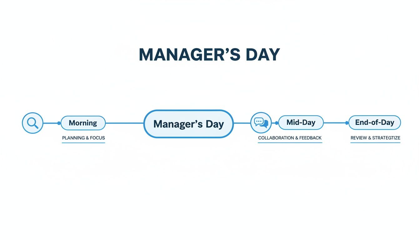 Infographic timeline illustrating a manager's typical day, including morning planning, mid-day collaboration, and end-of-day strategizing.