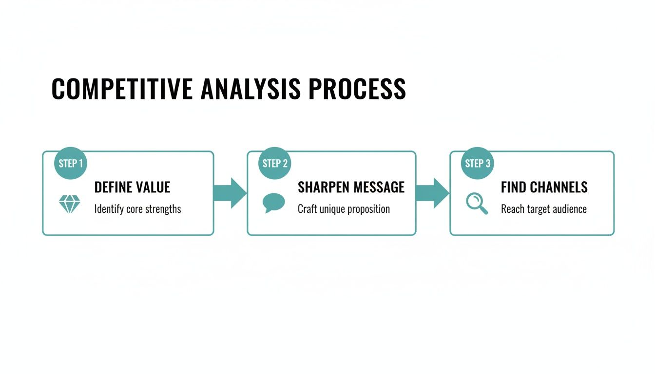 A three-step competitive analysis process diagram showing defining value, sharpening message, and finding channels.