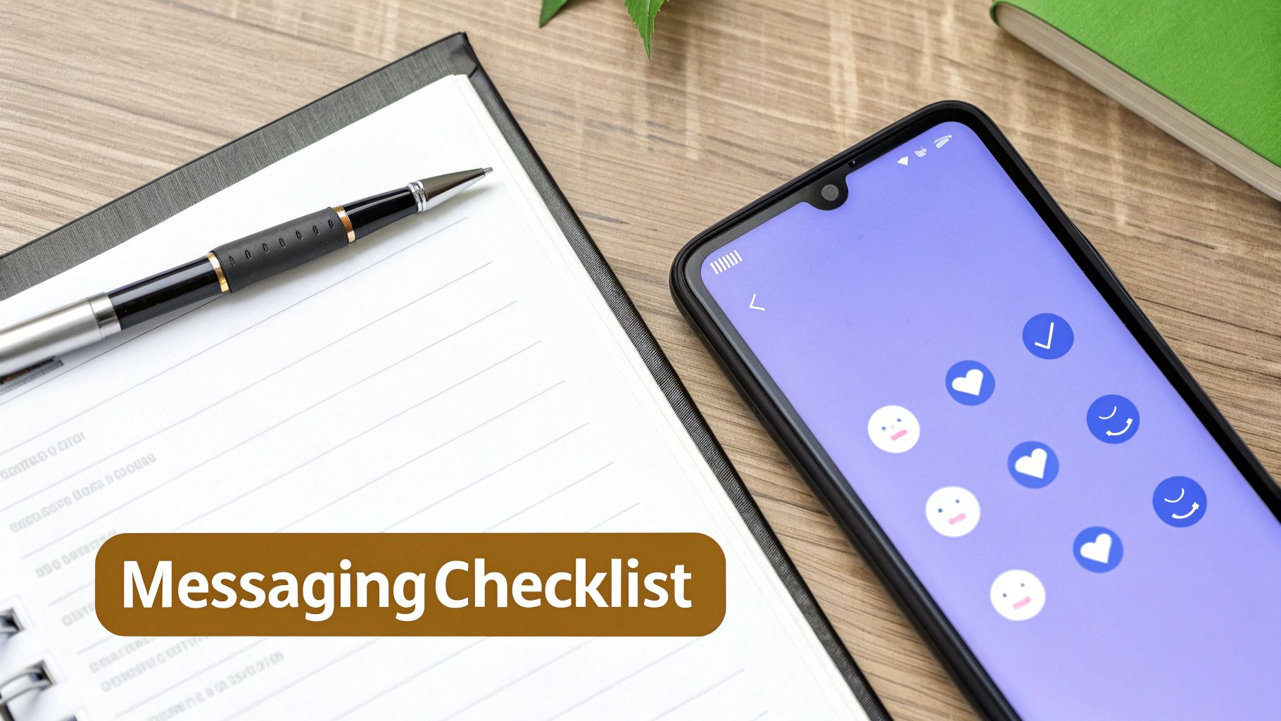 A pen on a notebook next to a smartphone displaying heart and face emojis, with text 'Messaging Checklist'.