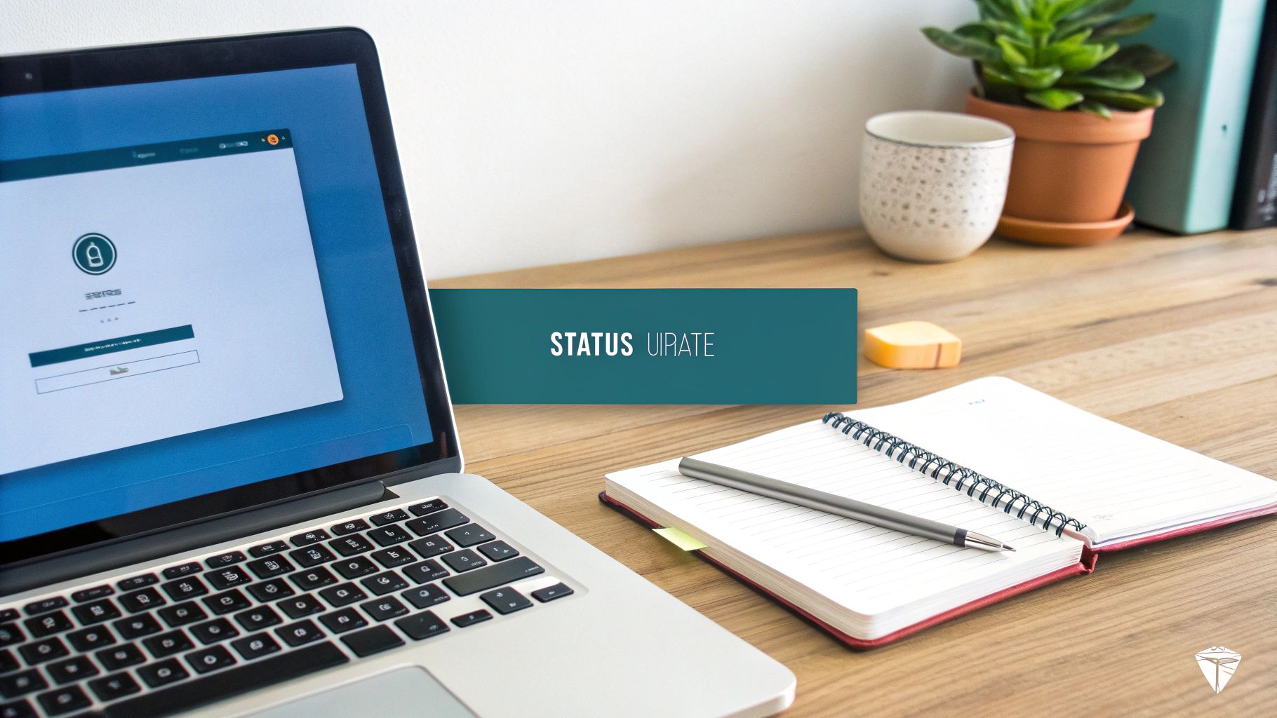 A professional workspace featuring a laptop with a login screen, a notebook, and a teal banner.