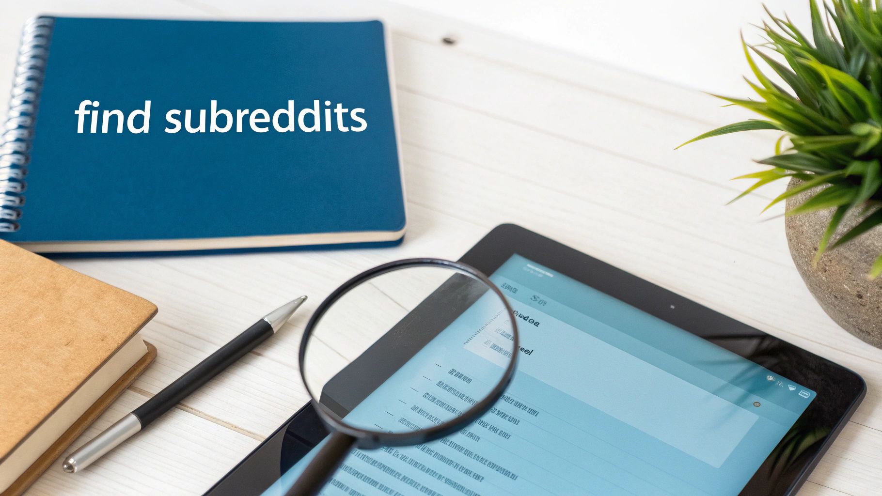 Overhead view of a workspace with 'find subreddits' notebook, tablet, magnifying glass, and plant.