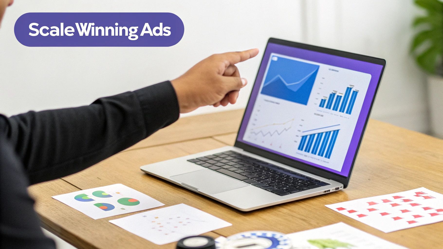 Person pointing at a laptop screen displaying various charts and graphs for data analysis.