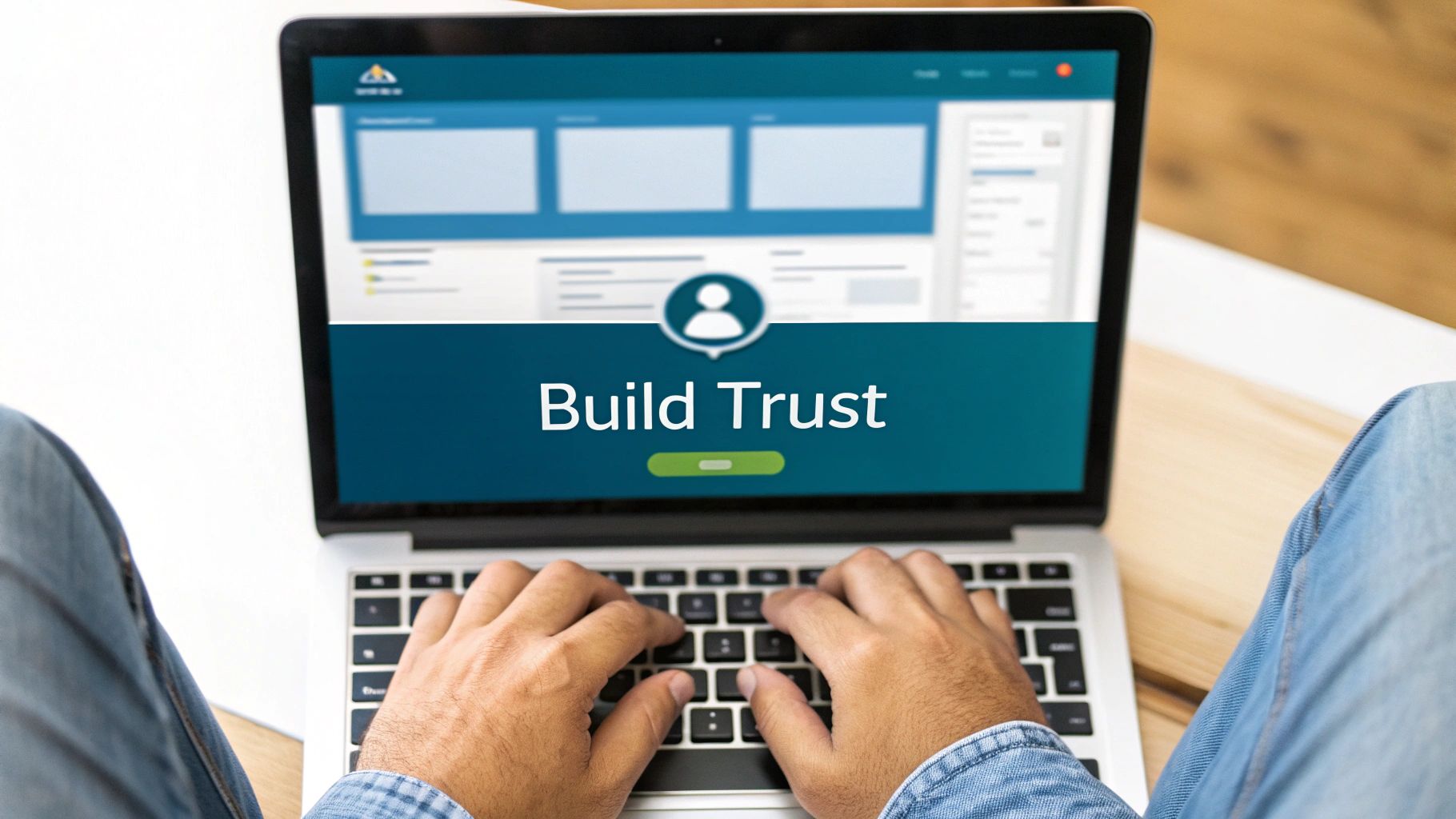 Hands typing on a laptop displaying 'Build Trust' on screen, symbolizing online community engagement.