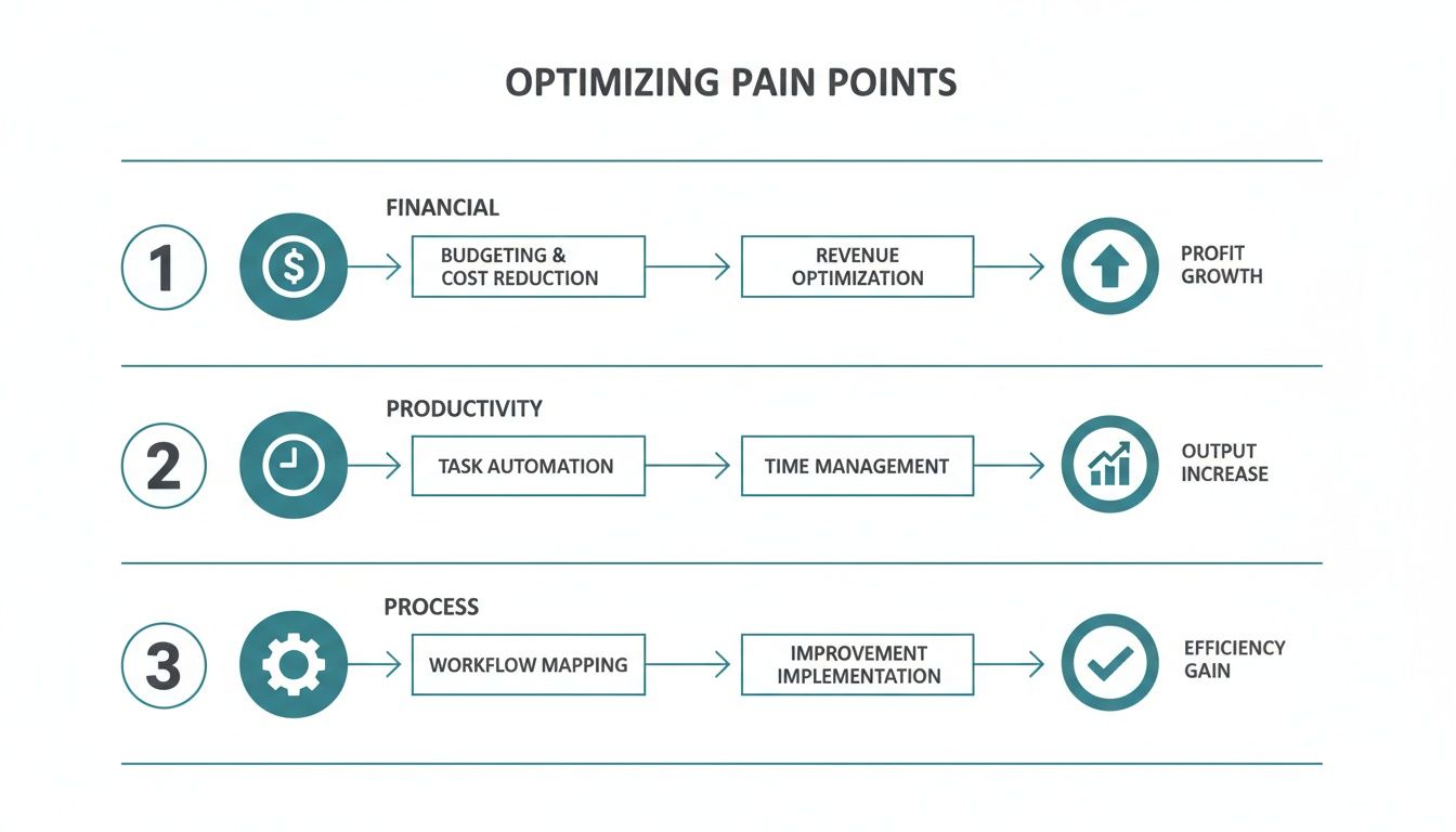 Diagram showing steps to optimize financial, productivity, and process pain points for business improvement.