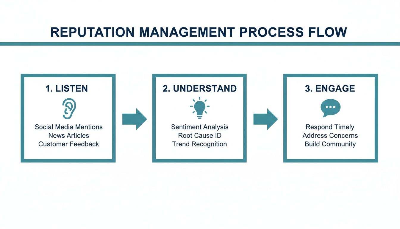 A three-step reputation management process flow: listen, understand, and engage, with key activities listed under each step.