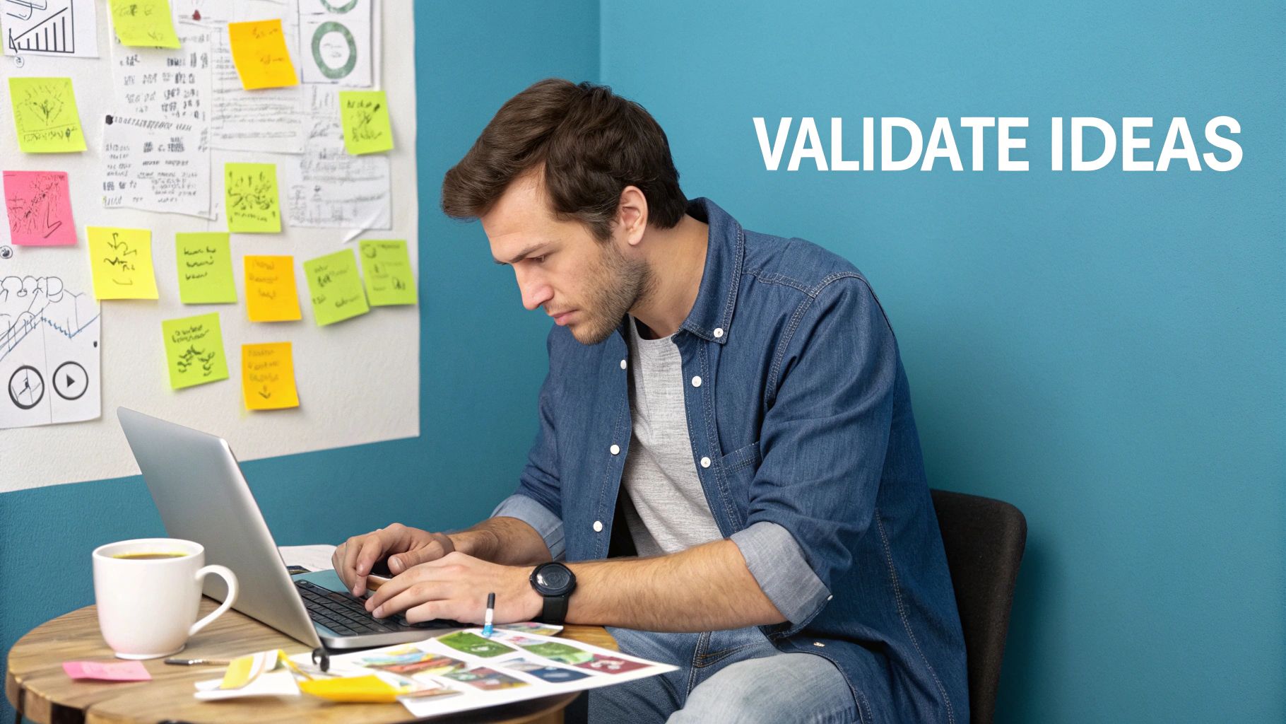 A man intensely typing on a laptop, surrounded by a wall with sticky notes and "VALIDATE IDEAS".