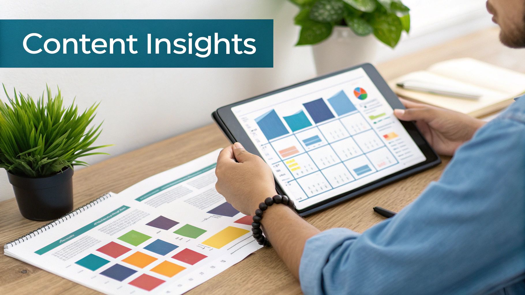 Person analyzes content insights on a tablet with charts and data, alongside a printed report on a wooden desk.