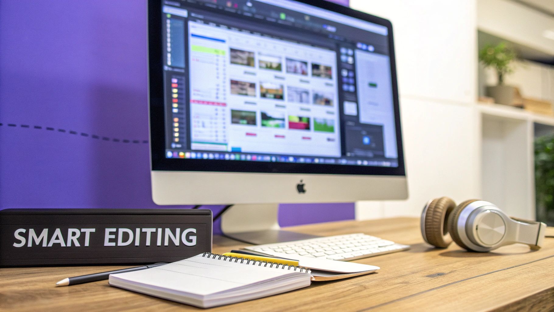 A desktop computer displaying video editing software on a wooden desk with headphones and a notebook.