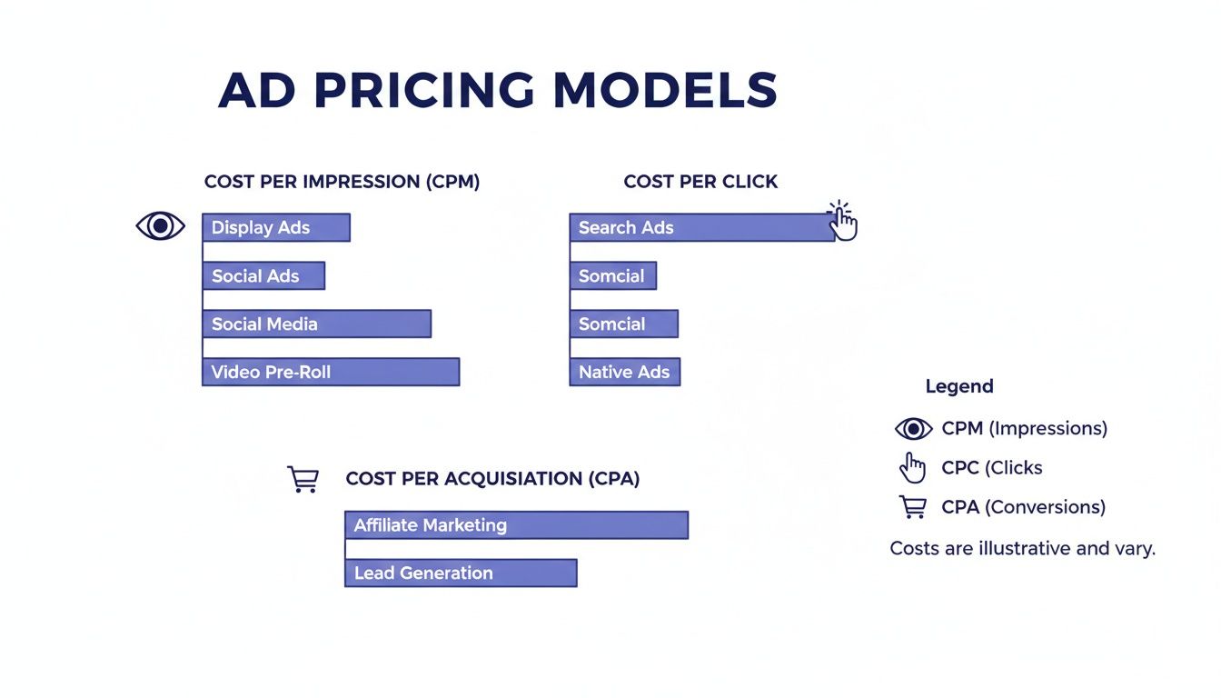 An infographic detailing ad pricing models: CPM, CPC, and CPA, with examples of various ad types.