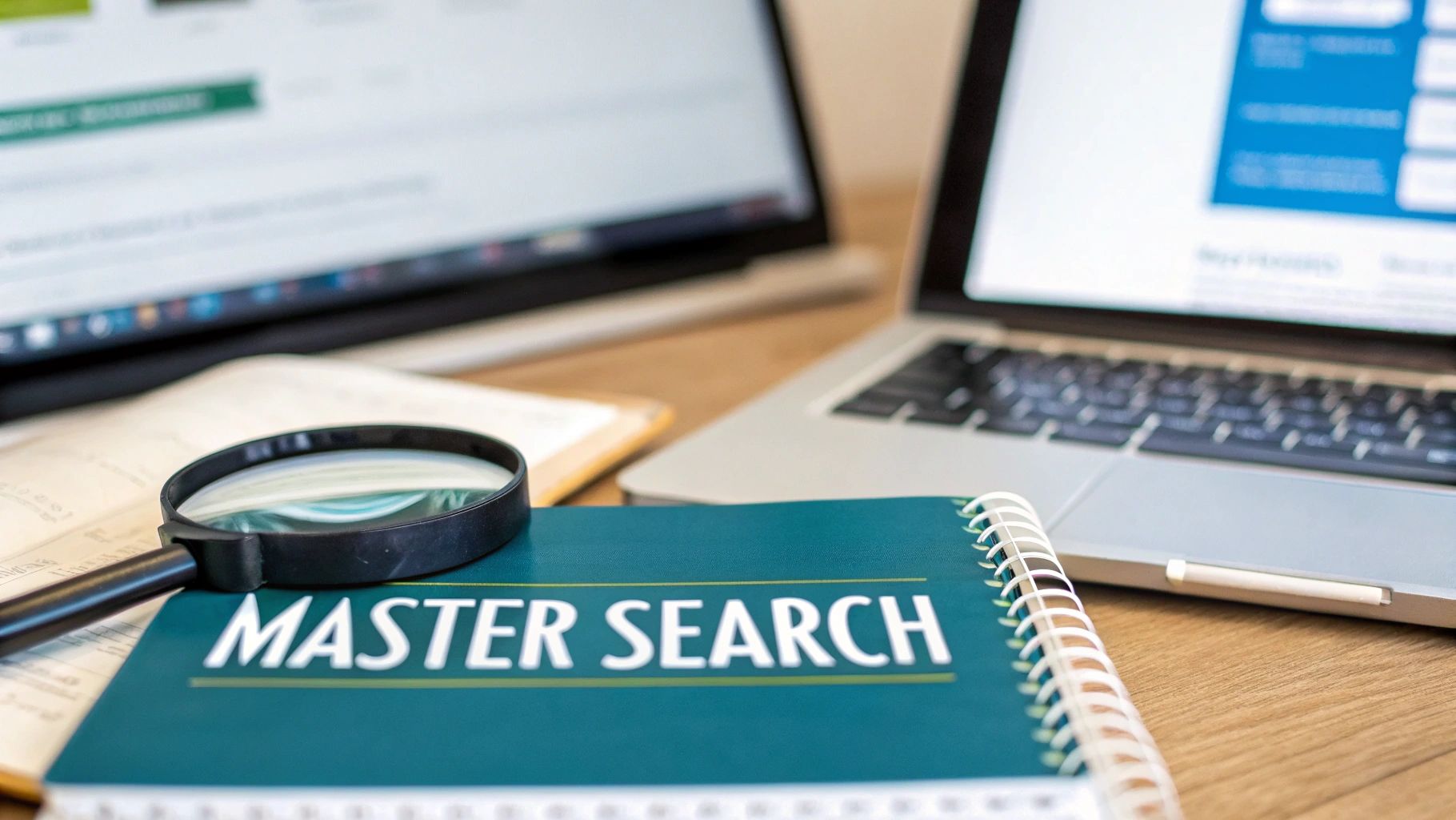 A magnifying glass rests on a 'MASTER SEARCH' notebook, with two laptops in the background.