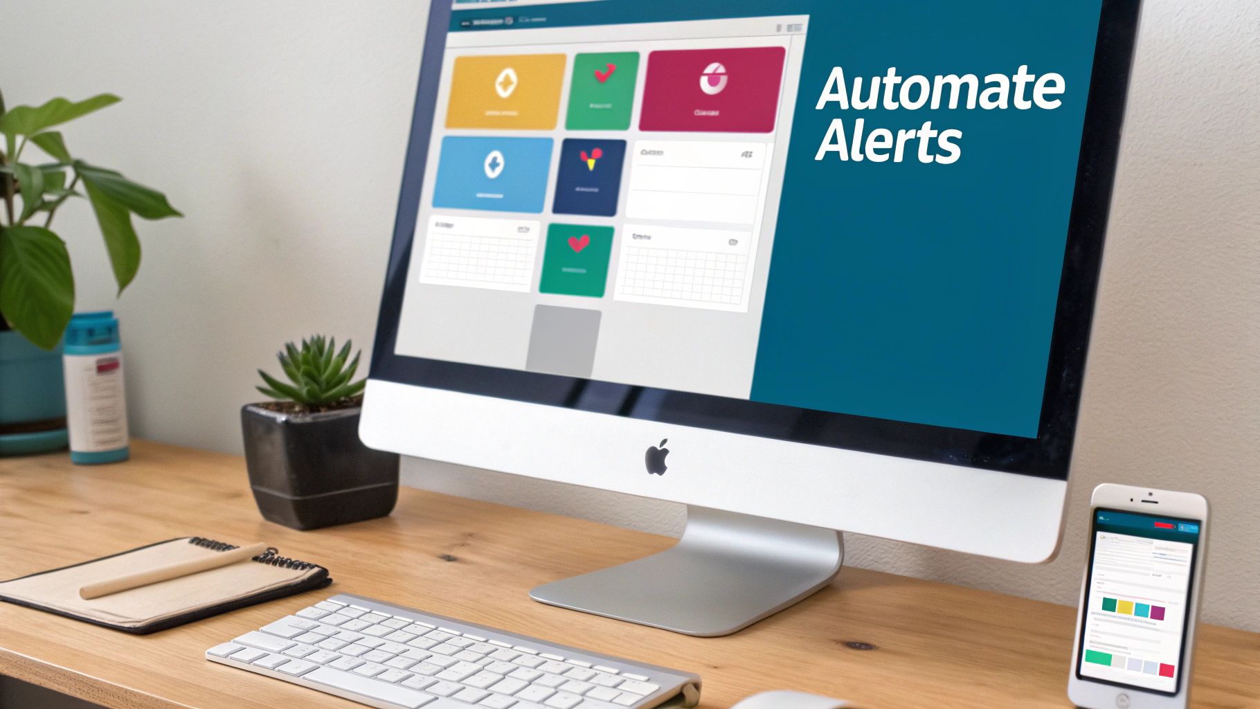 A modern office desk with an Apple iMac displaying a dashboard, a keyboard, mouse, and a smartphone, showing automated alerts.