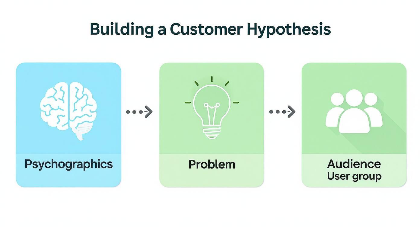 Diagram illustrating building a customer hypothesis: Psychographics, Problem, and Audience User Group.