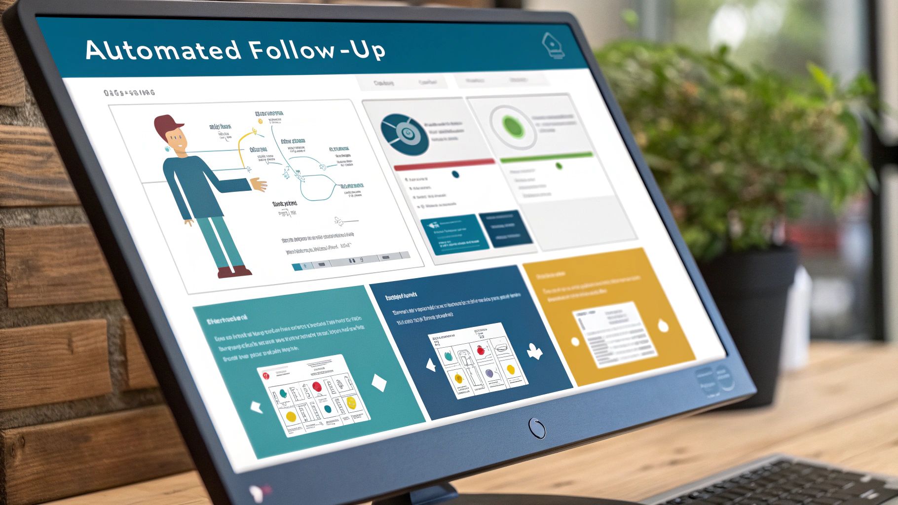 Illustration of automation workflows connecting social media icons to a CRM dashboard