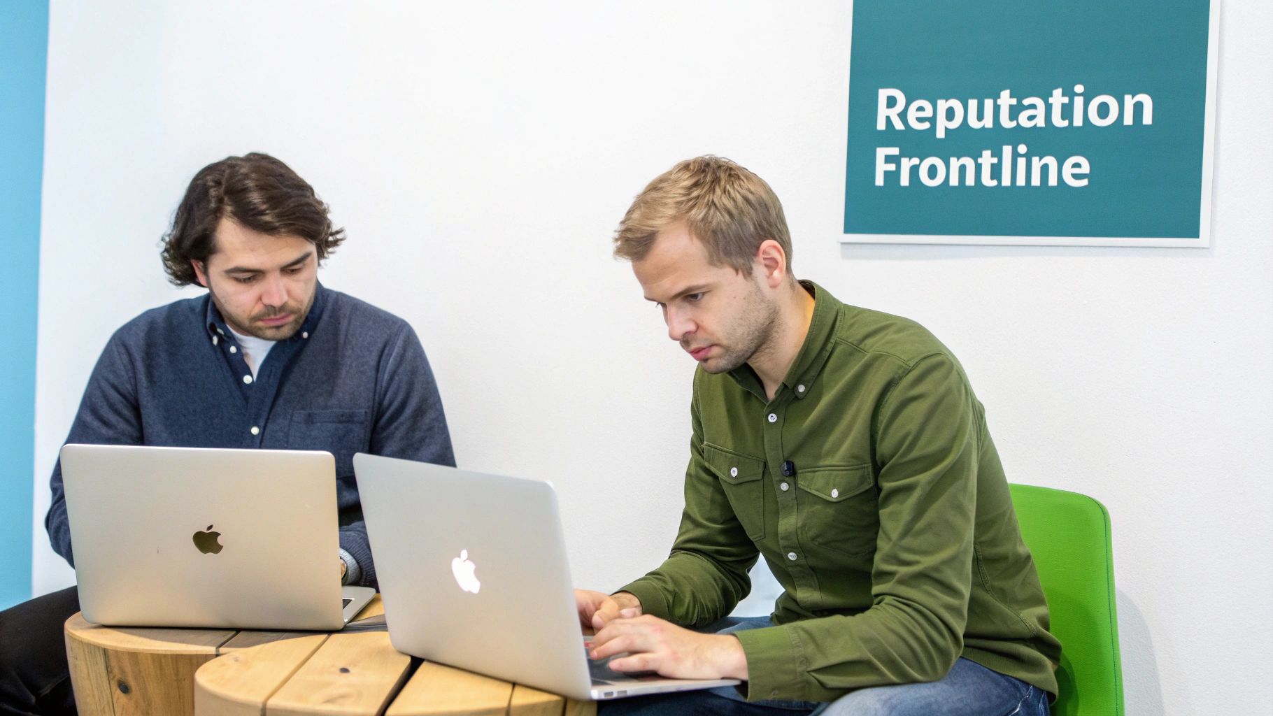 Two professionals working on laptops discussing reputation management strategies in modern office
