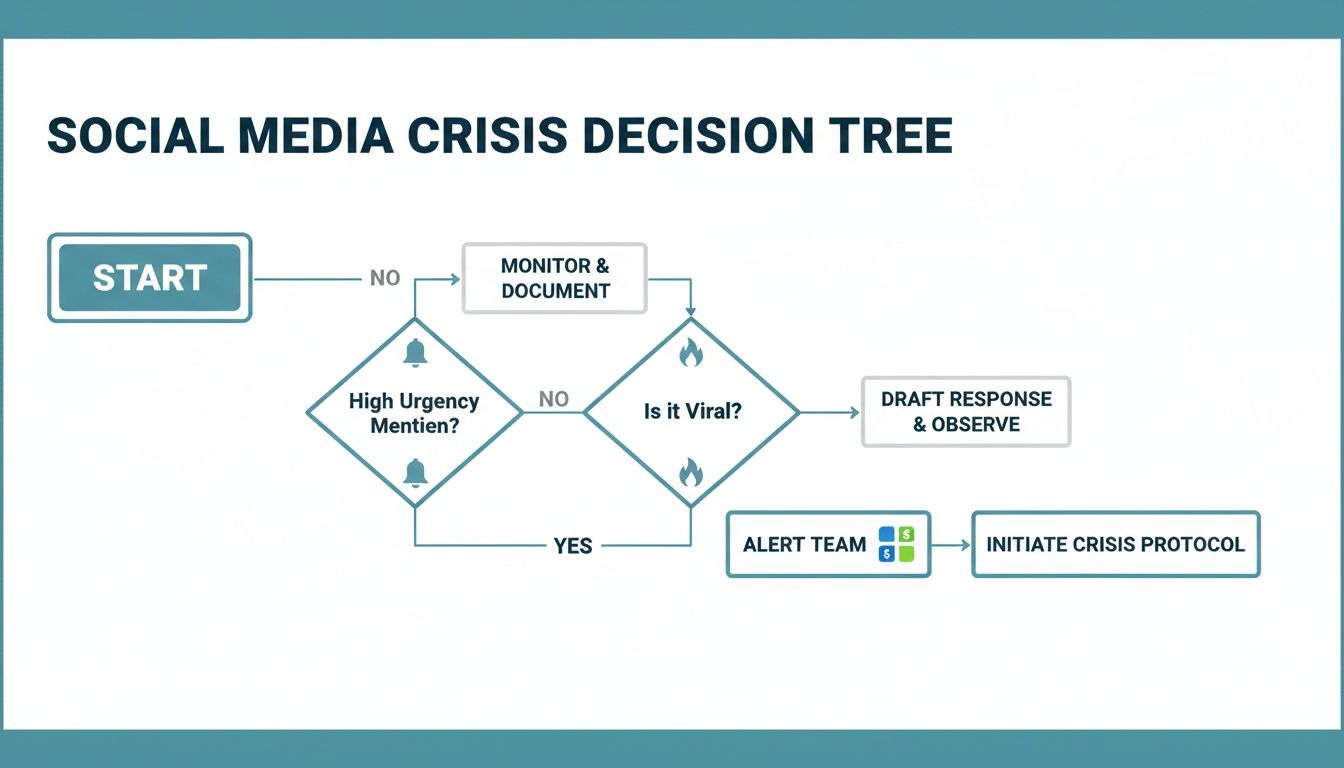 Flowchart showing a social media crisis decision tree, outlining steps from detection to response.