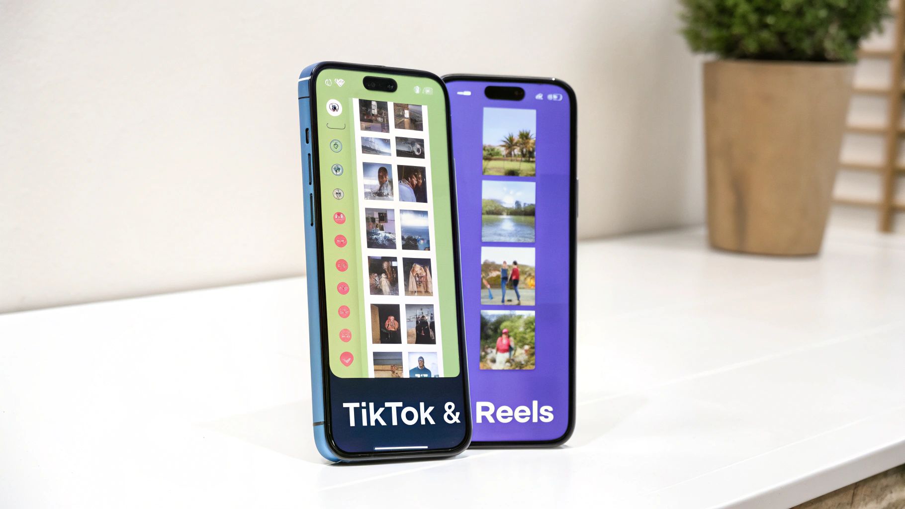 Two modern smartphones displaying social media video apps like TikTok and Reels side by side.
