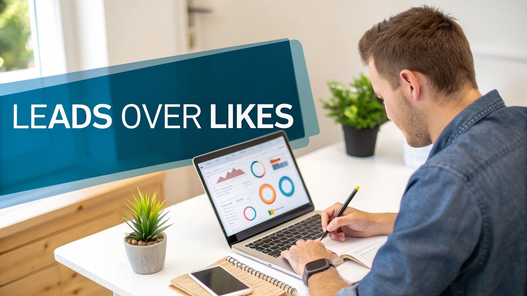 A man works on a laptop showing analytics, writing in a notebook, with text 'LEADS OVER LIKES'.