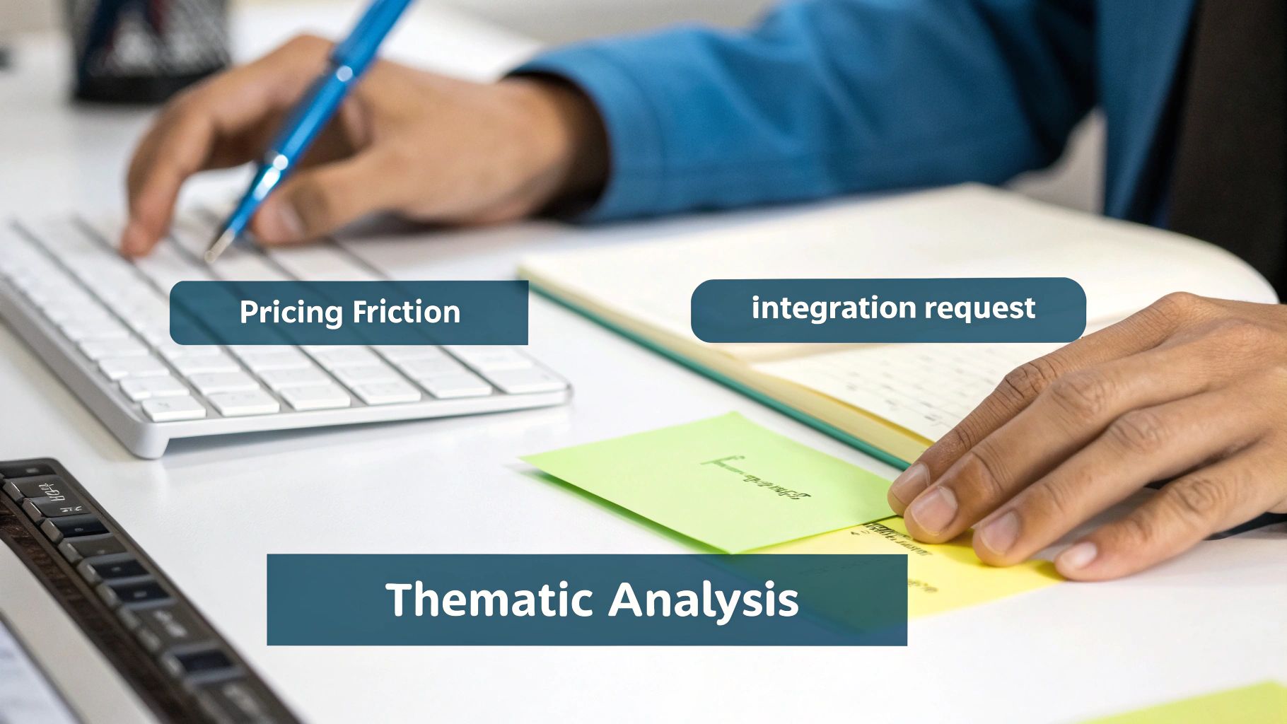 A person's hands on a desk with a keyboard, notebook, and sticky notes, showing data analysis concepts.