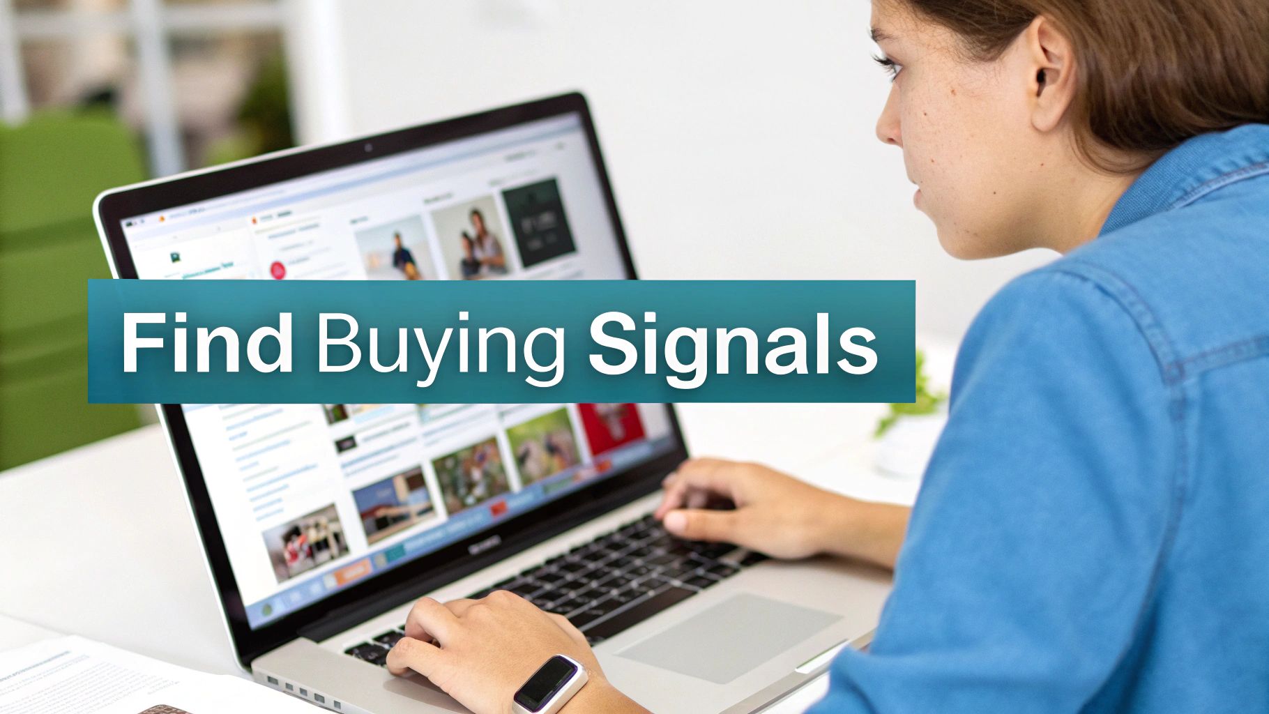 A person typing on a laptop with a 'Find Buying Signals' banner, indicating lead qualification.