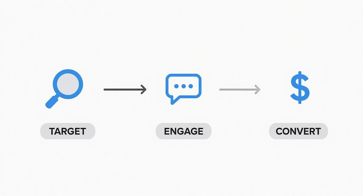 A blue icon flow diagram illustrating the steps of Target (magnifying glass), Engage (speech bubble), and Convert (dollar sign).
