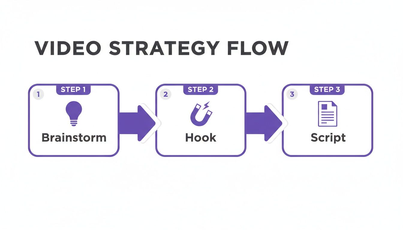 Flowchart illustrating a video strategy flow with steps: Brainstorm (lightbulb), Hook (magnet), and Script (document).