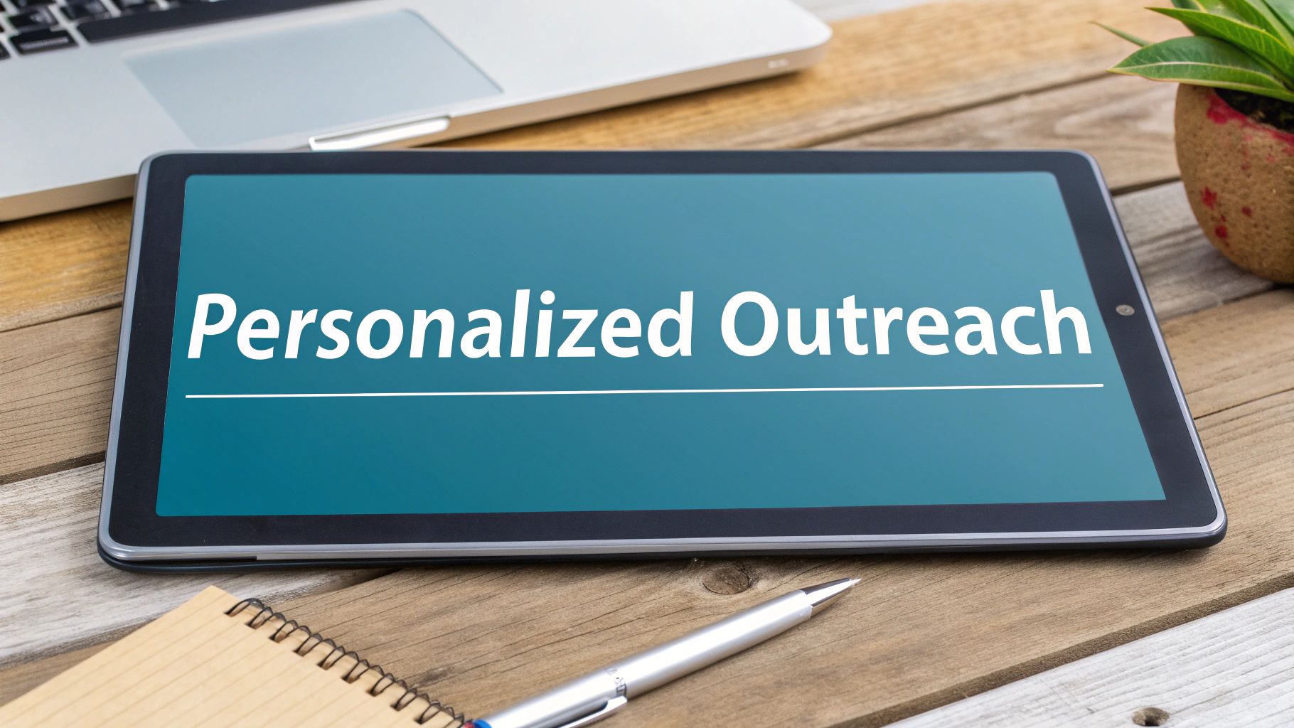 Tablet displaying "Personalized Outreach" on a wooden desk, next to a laptop and notepad.