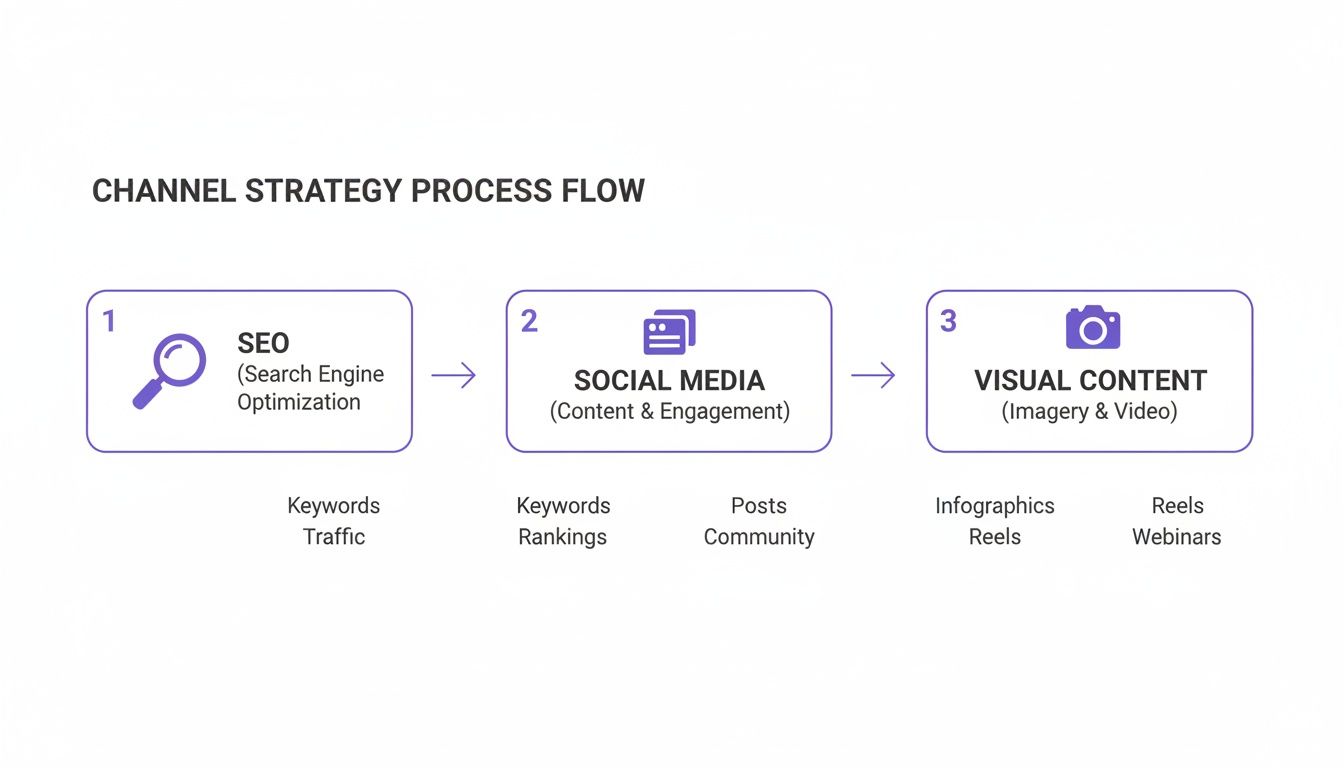 A channel strategy process flow diagram illustrating SEO, social media, and visual content steps.
