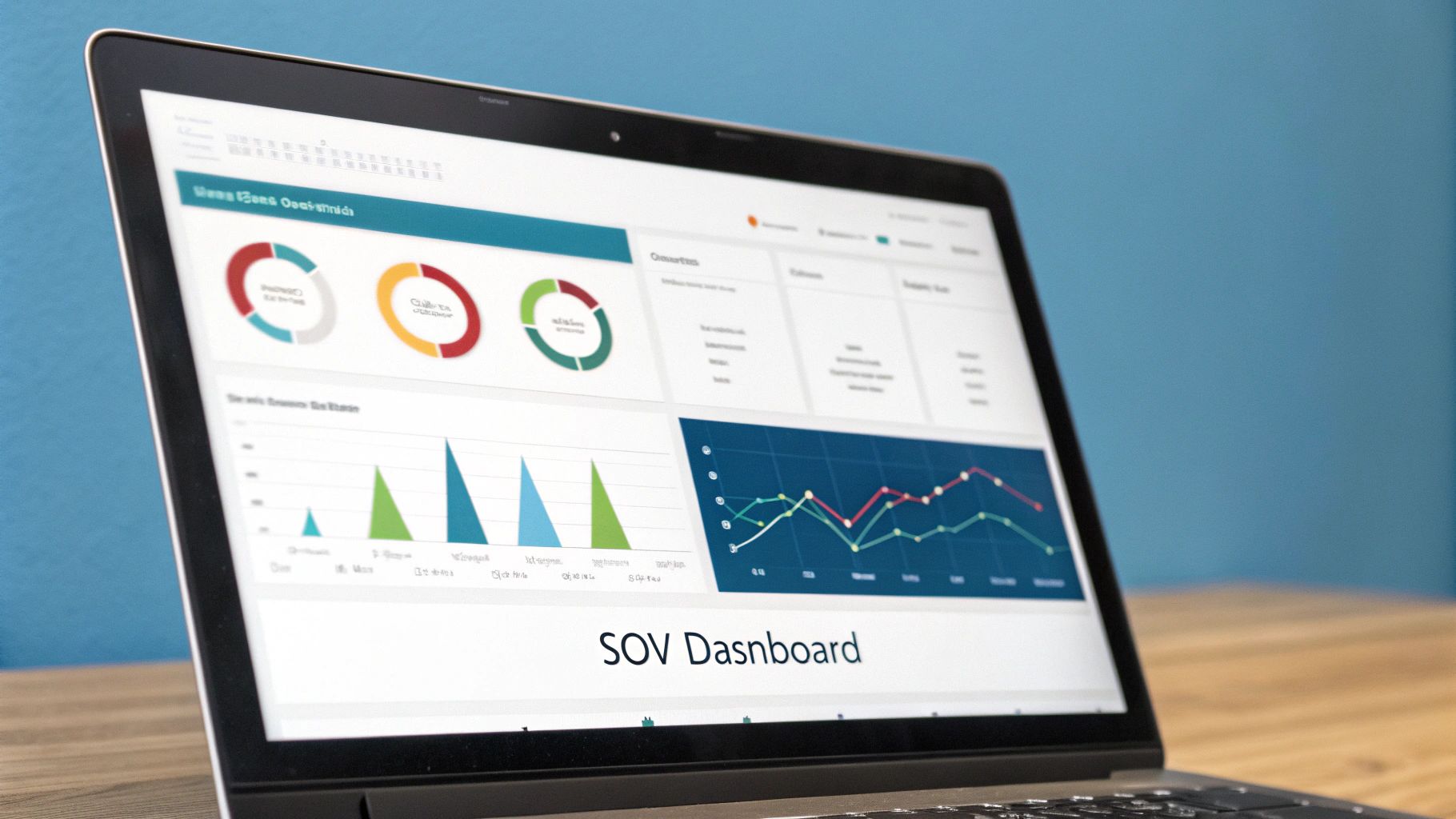A clean, minimalist dashboard on a laptop screen, displaying share of voice metrics like brand mentions and keyword performance.