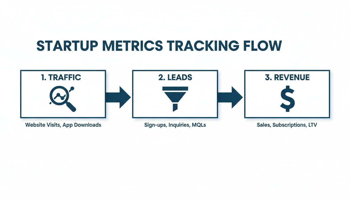 A diagram illustrating the startup metrics tracking flow from traffic to leads to revenue.