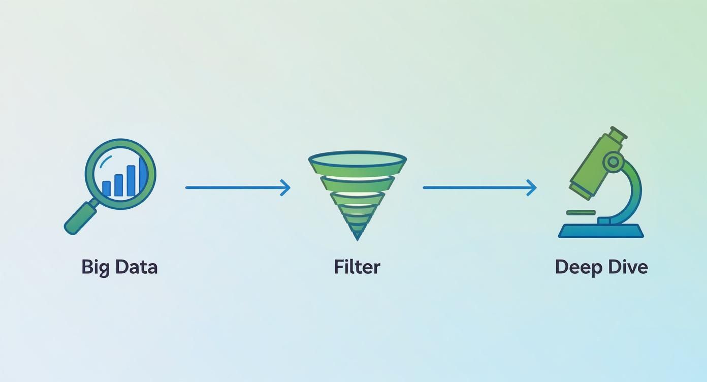Illustration showing a data analysis process: Big Data (magnifying glass with chart), filtered through a funnel, leading to a deep dive (microscope).